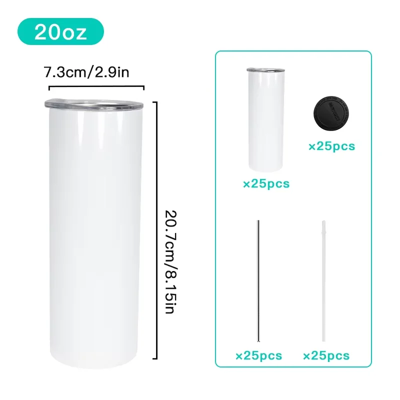 25 шт. в упаковке, 20 унций, сублимационный белый стакан с двойными стенками из нержавеющей стали, прямой узкий стакан с пластиковой металлической соломой и резиновым дном Hu