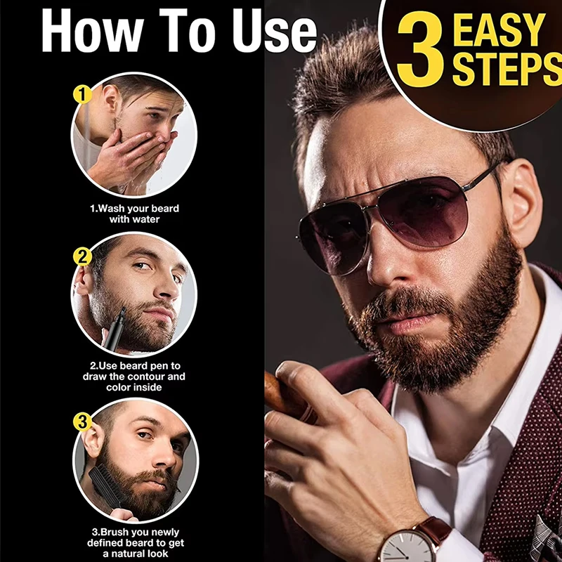 قلم لحية مقاوم للماء 2 في 1 قلم رسم لحية ثلاثي المحاور برأسين قلم حواجب سميك