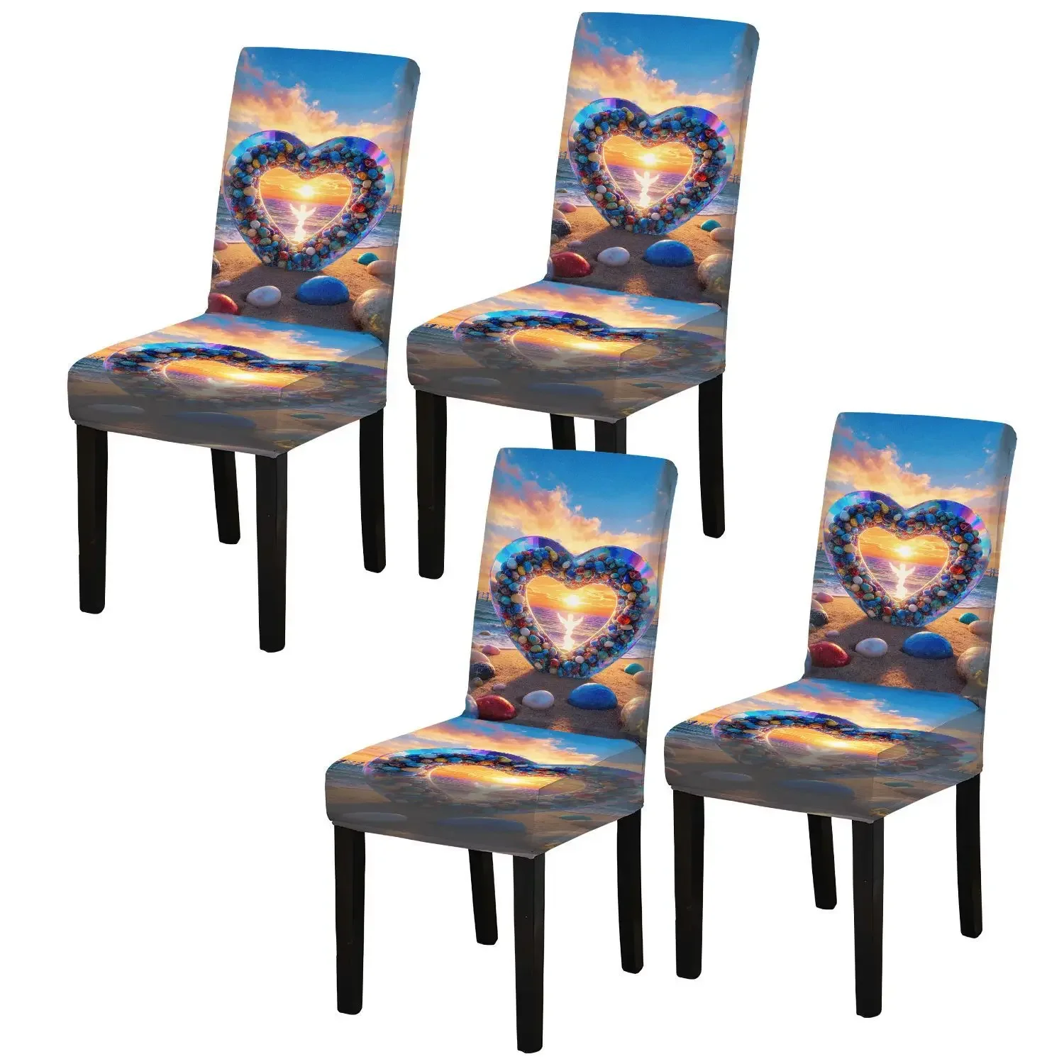 Elastic printed dining chair cover, removable and washable anti-grab dining chair cover, love beach sunset pattern