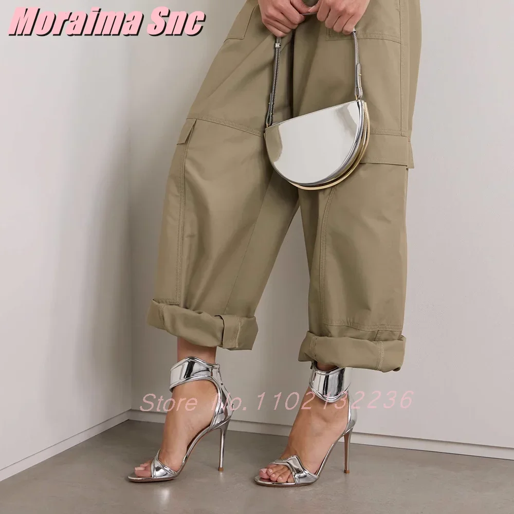 

2025 New Silver Mirror Leather Sandals Stiletto High Heel Back Zipper Round Open Toe Sexy Fashion Women's Summer Dress Shoes