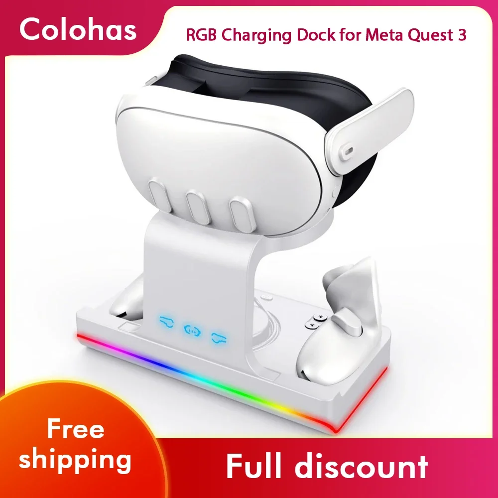 RGB Charging Dock for Meta Quest 3 Charging Dock VR Grip Magnetic Charger VR Accessories Station Controller Fit Elite Head Strap