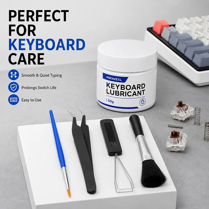 MIRAVEXL Mechanical Keyboard Lube Kit, 50g Switch Lubricant with Applicator Brush, Tweezers & Keycap Puller Tool Set for Gaming