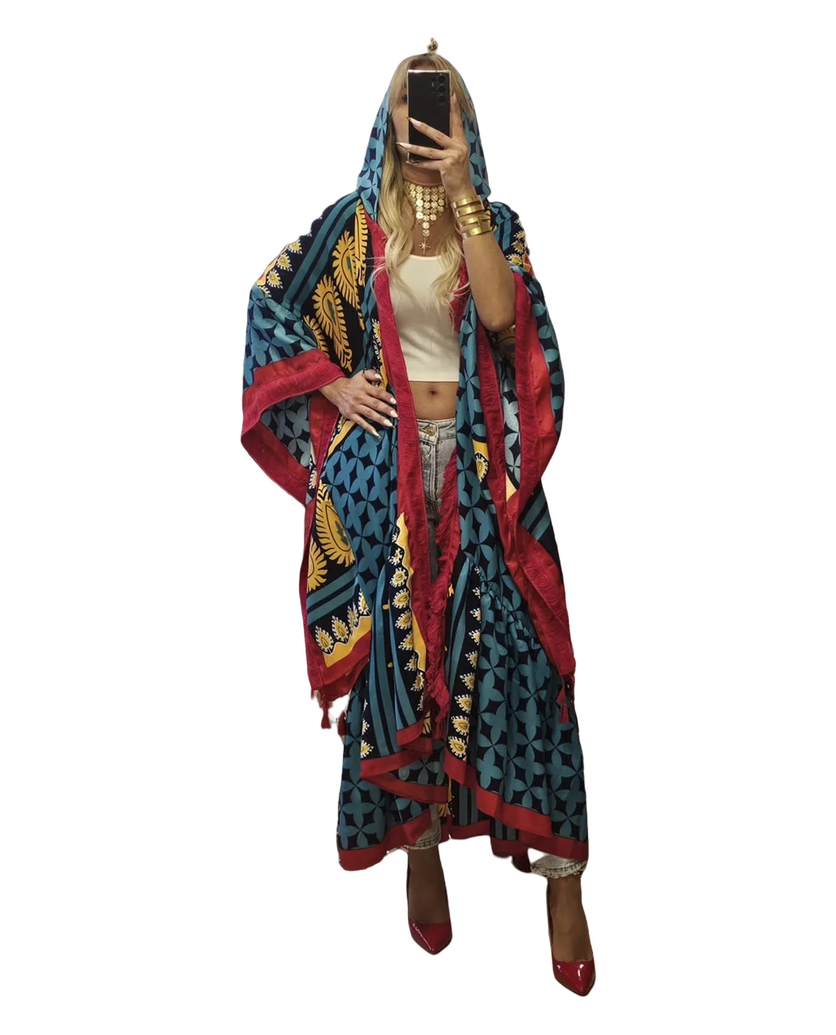 

2025 Middle East Blogger Fashion Cotton Hooded Kaftan Maxi Dress Ramadan Collection Printed Open Front Kimonos African Cardigans