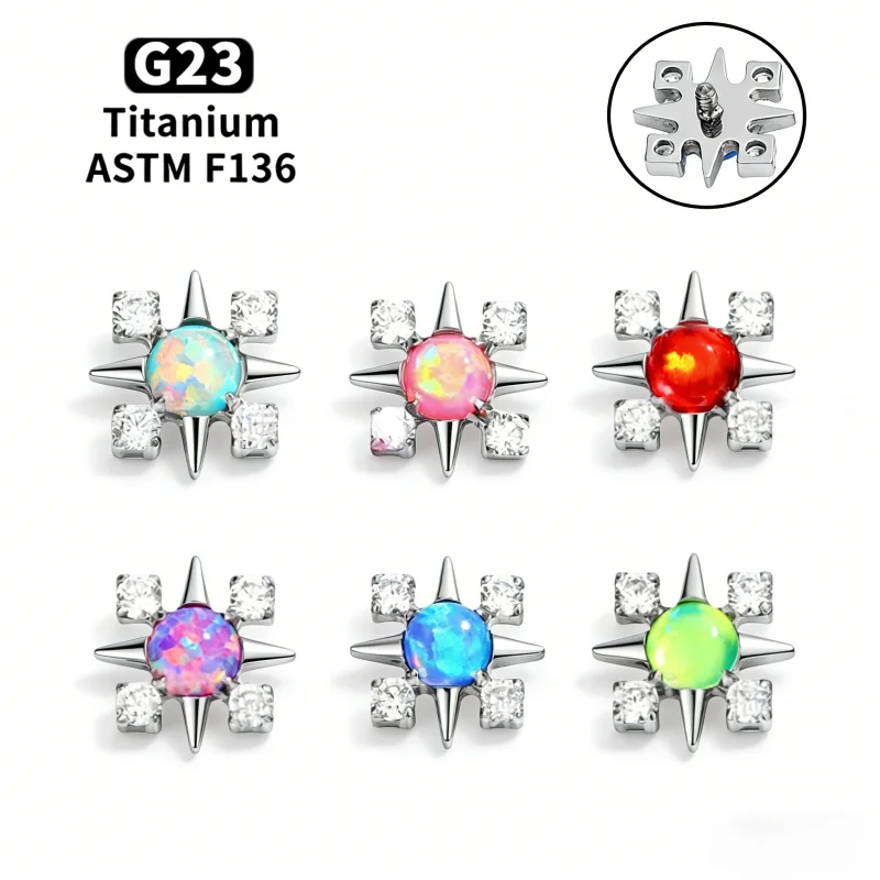 F136 Titan-Lippenpiercing mit quadratischem Zirkonia-Opal-Stern, Innengewinde-Labret, Tragus-Helix-Knorpel-Ohrringe, Nasenpiercing-Schmuck