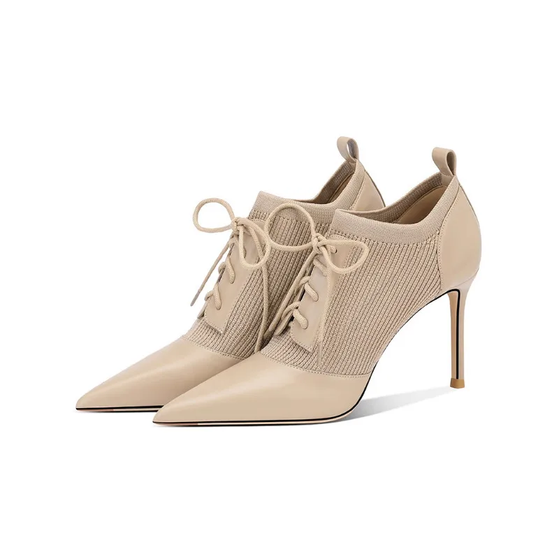 

Chic Nude Knit Ankle Boots Women Pointed Toe Stiletto Heel French Booties