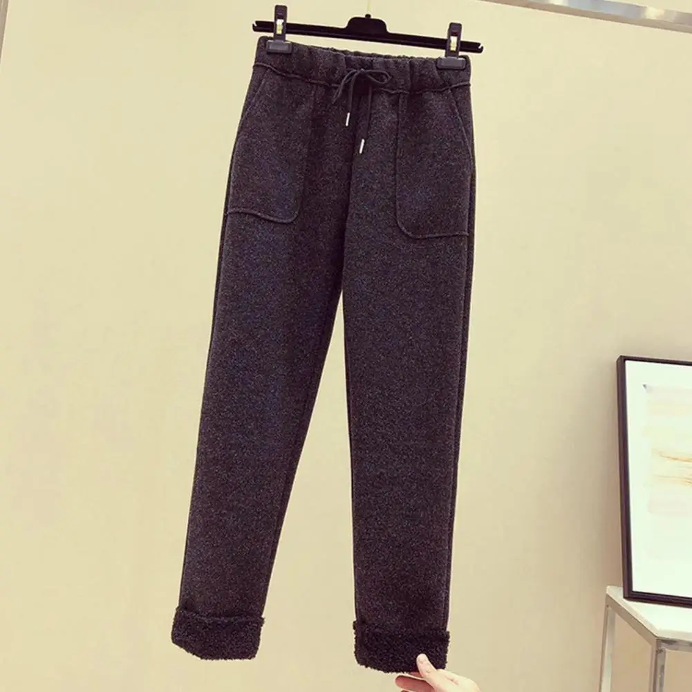 Autumn Winter Women Harem Pants Solid Color Elastic High Waist Lady Trousers Velvet Lining Pockets Imitation Cashmere Trousers