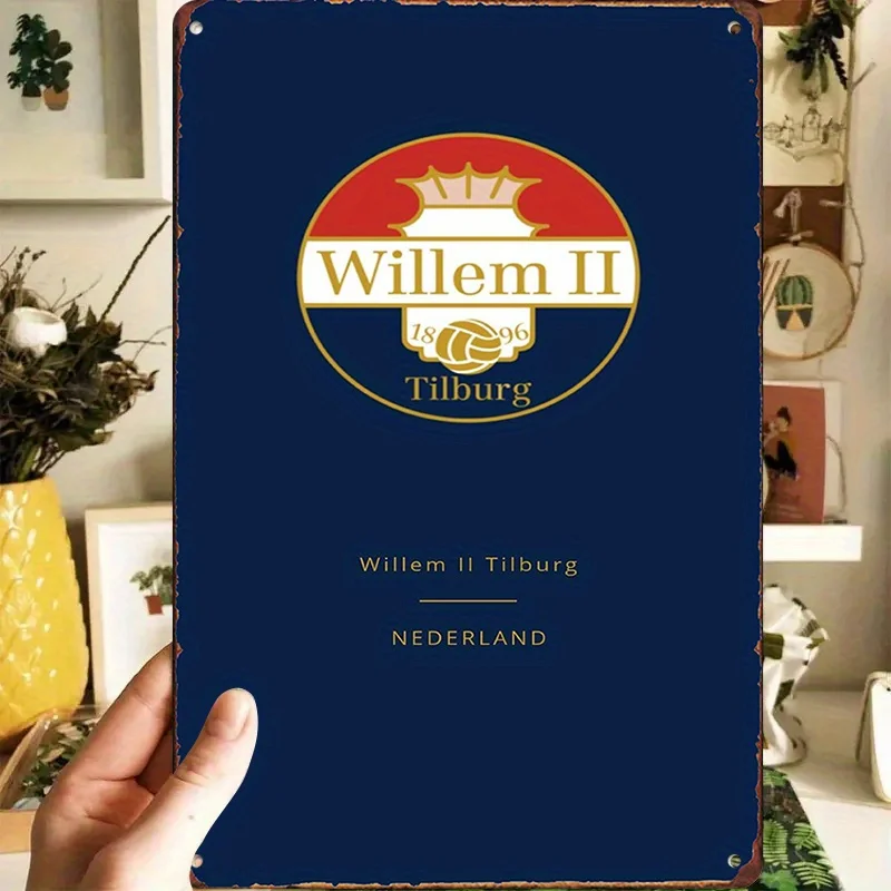 Póster metálico del equipo de fútbol holandés Willem II Tilburg - Diseño vintage con corona roja y dorada, cartel de hojalata resistente para la sala de hombre, Sp
