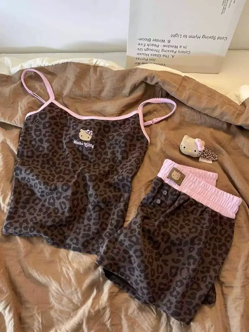 Hello Kitty Women's Leopard Print Camisole & Shorts Pajama Set Summer Cute Sweet Soft Comfy Breathable Home Loungewear