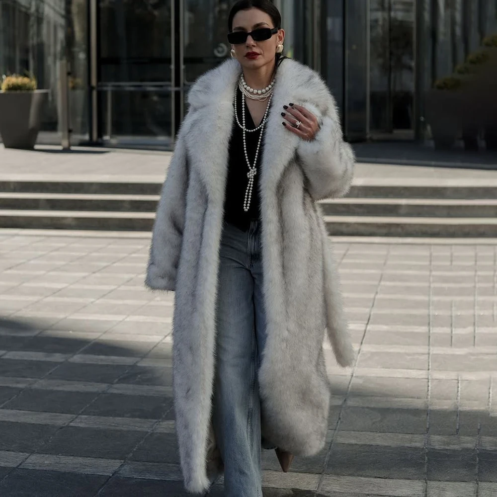 Tuularose2025 Winter Warm Fluffy Gradient Eco Fur Jacket Women Luxury Long Faux Fox Fur Coat Street Furry Outerwear Overcoat