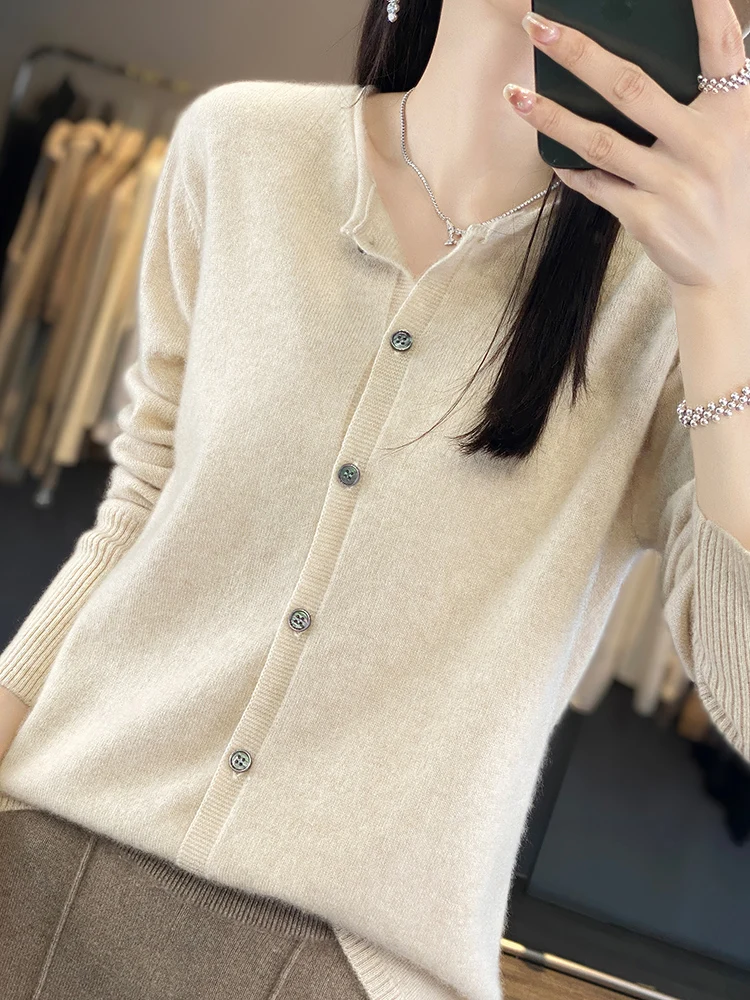 Women's Cardigan 100% Merino Wool New Arrival Sweater O-Neck Pullover Slim Knitted Jumper Lady Clothing Outerwear Fashion Trends