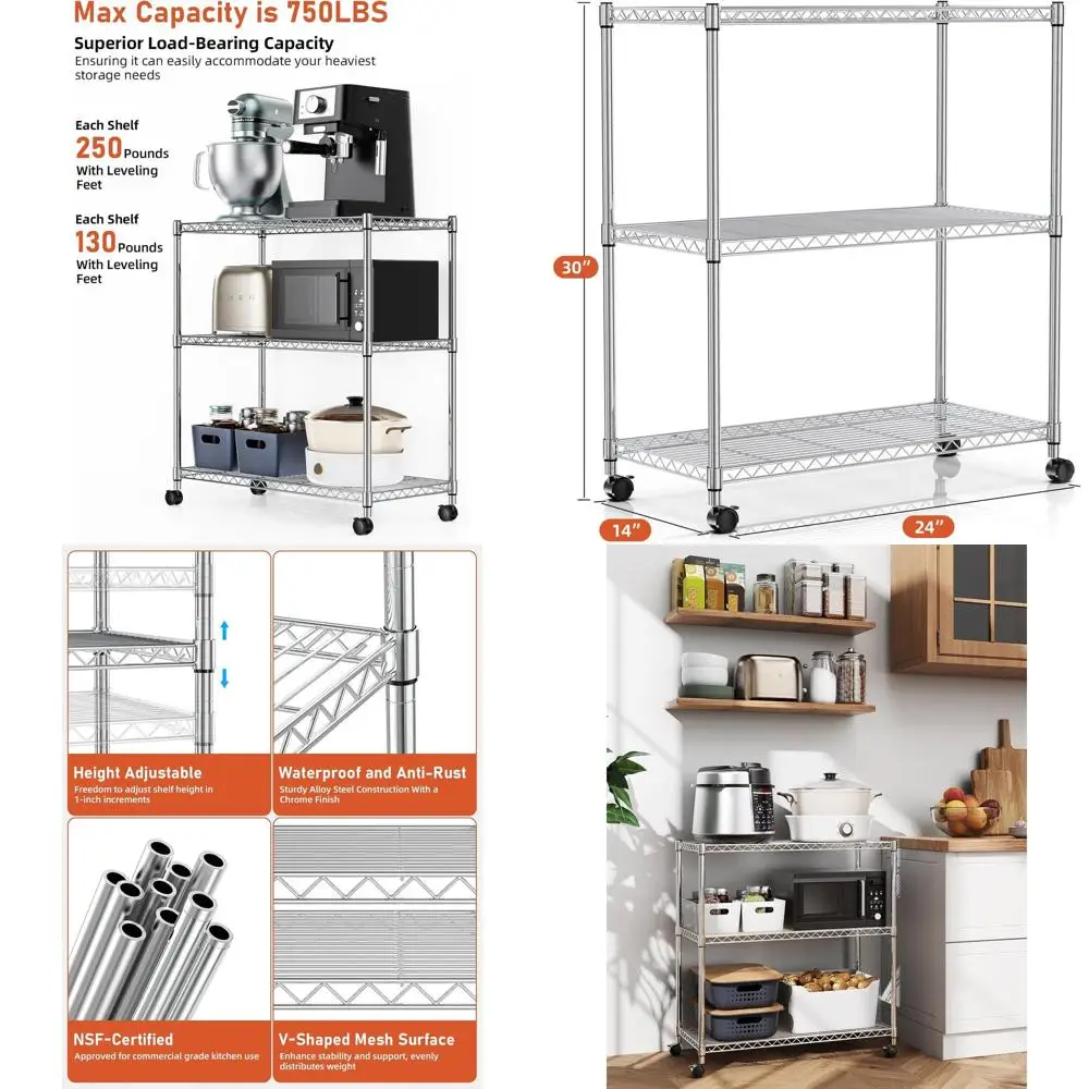 

Трехуровневые усиленные стеллажи для хранения на колесах, грузоподъемность 750 фунтов, 24 (глубина) x 14 (ширина) x 30 (высота), хром, комплект из 2 штук