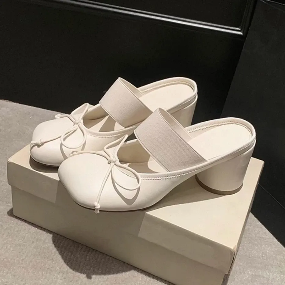 Women’s Shoes Vintage Ballet Style Bow Closed-Toe Slip-On Block Heel Shallow Sandals   shoes for women