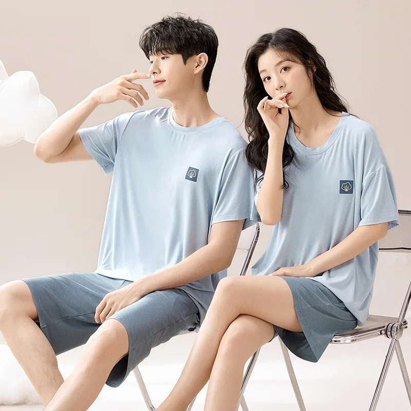 Modal Couple Pajamas Summer Short Sleeve Thin Ladies with chest pad Sleepwear Soft Loungewear Men's Nightwear Dropship pyjama