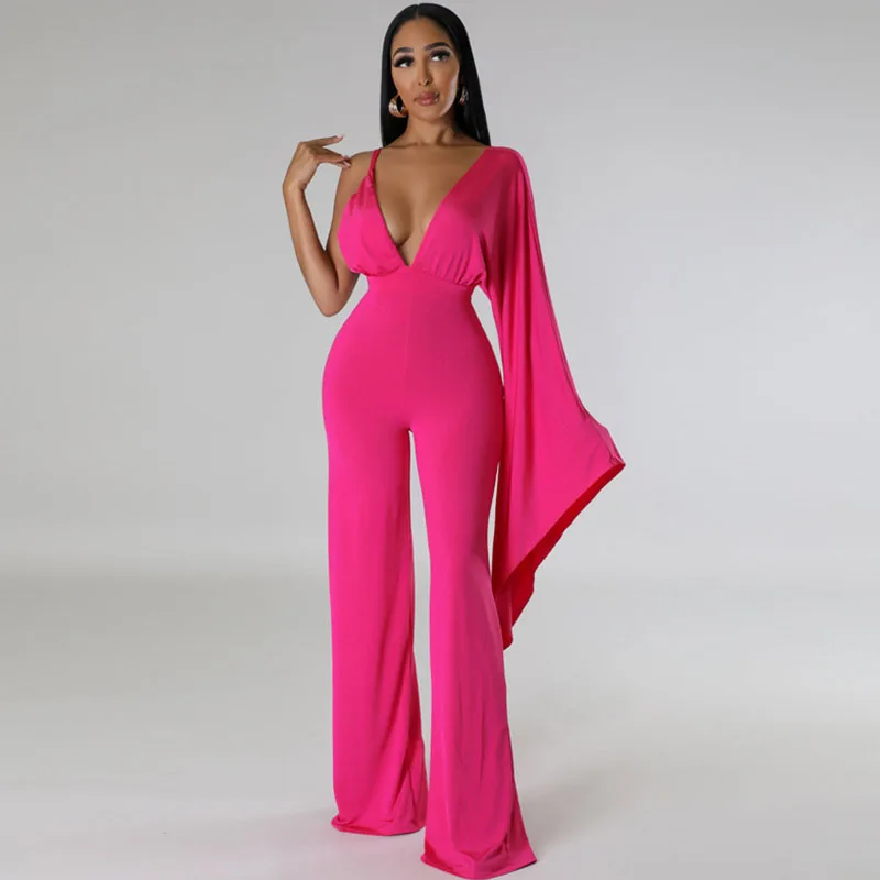 

Elegant Open Back One Sleeve Party Jumpsuit Women Evening Nightclub Deep V-neck High Waisted Wide Leg Rompers Combinaison Femme