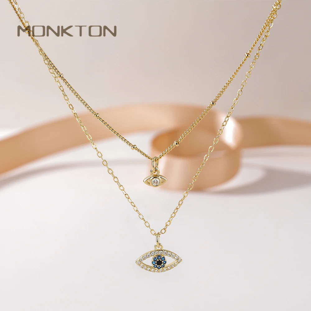 Monkton Layered Evil Eye Necklace for Women Cubic Zirconia Inlaid Lucky Eye Pendant Dainty Minimalist Boho Jewelry for Daily