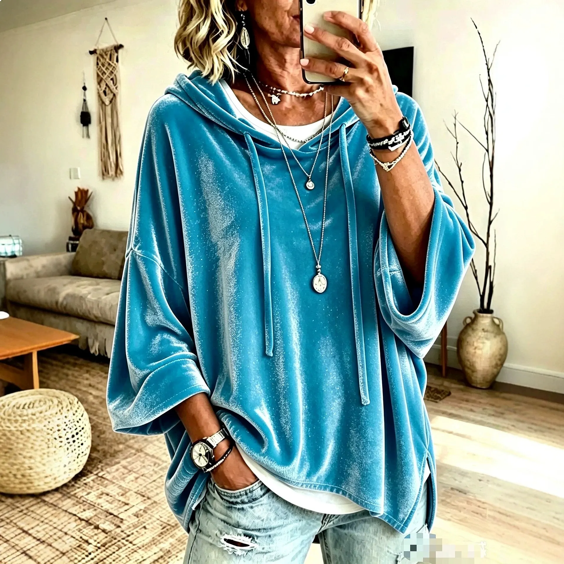 Knitted Hooded Sweatshirts Drawstring Velour Loose Outerwear Women Matching Set Spring Summer