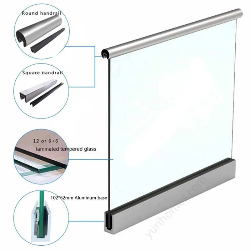 custom.Modern Design Staircase Handrail Aluminum Base Shoe Frameless Glass Railing