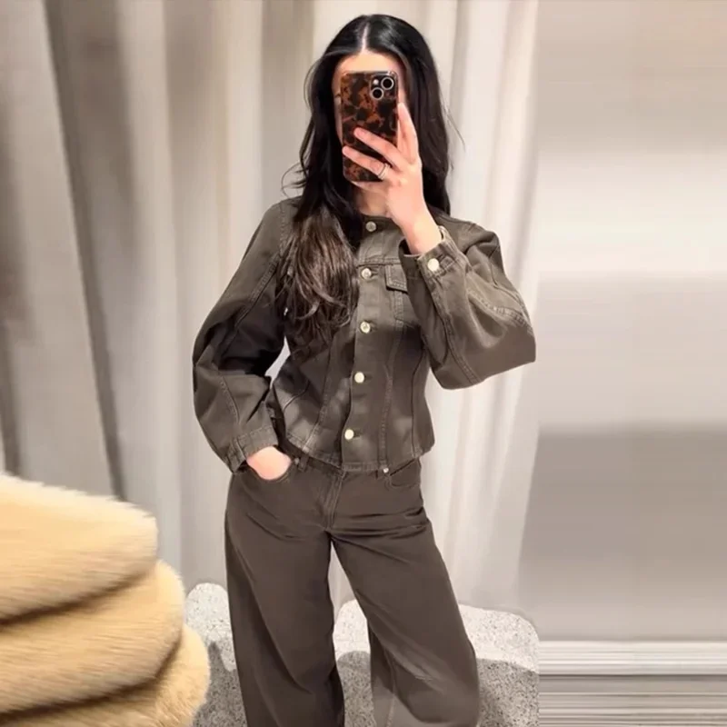 الشارع الصلبة الدنيم المرأة بنطلون البدلة Y2k س الرقبة واحدة الصدر معطف نحيف جيب مضغوط السراويل 2025 ربيع الخريف سيدة مجموعة
