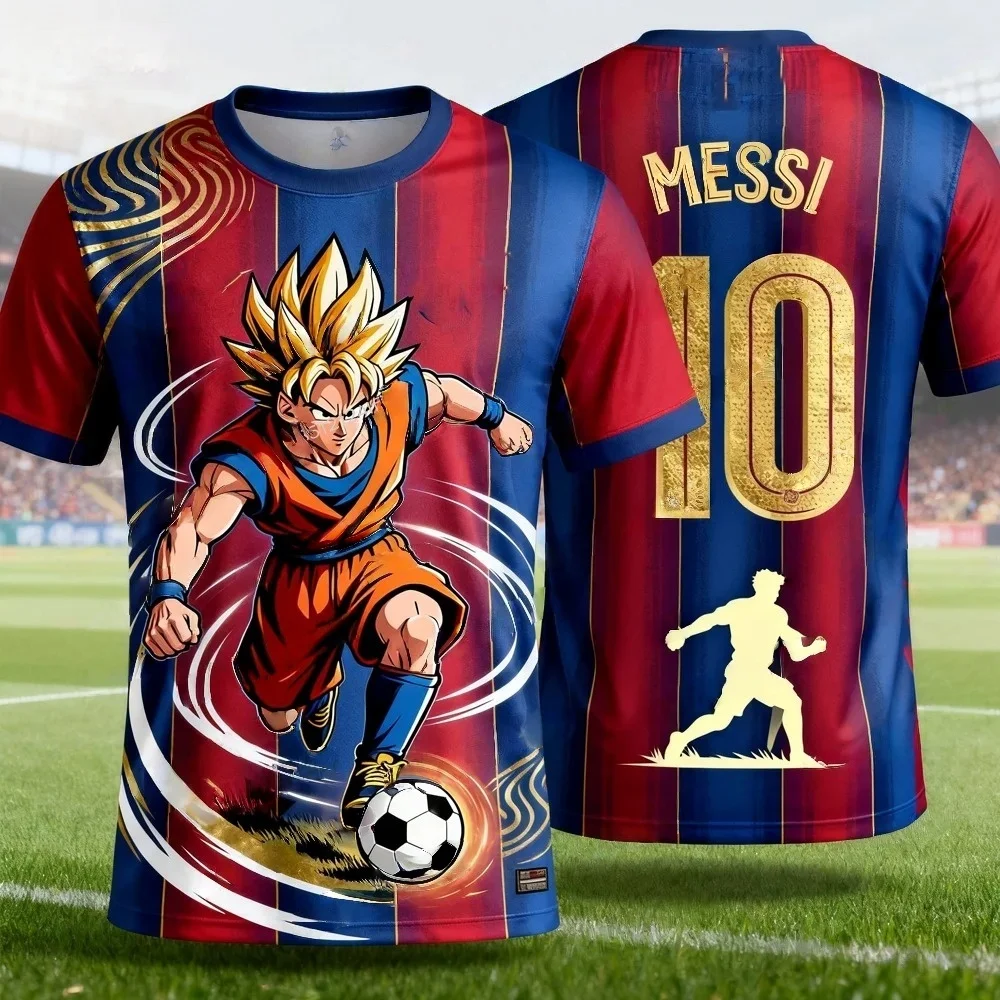 Dragon Ball Goku X Messi # 10 Fußballtrikots, gestreiftes Anime-Fußball-T-Shirt von Barca, schnell trocknendes Oberteil für Männer, Frauen, Kinder – Detail 5