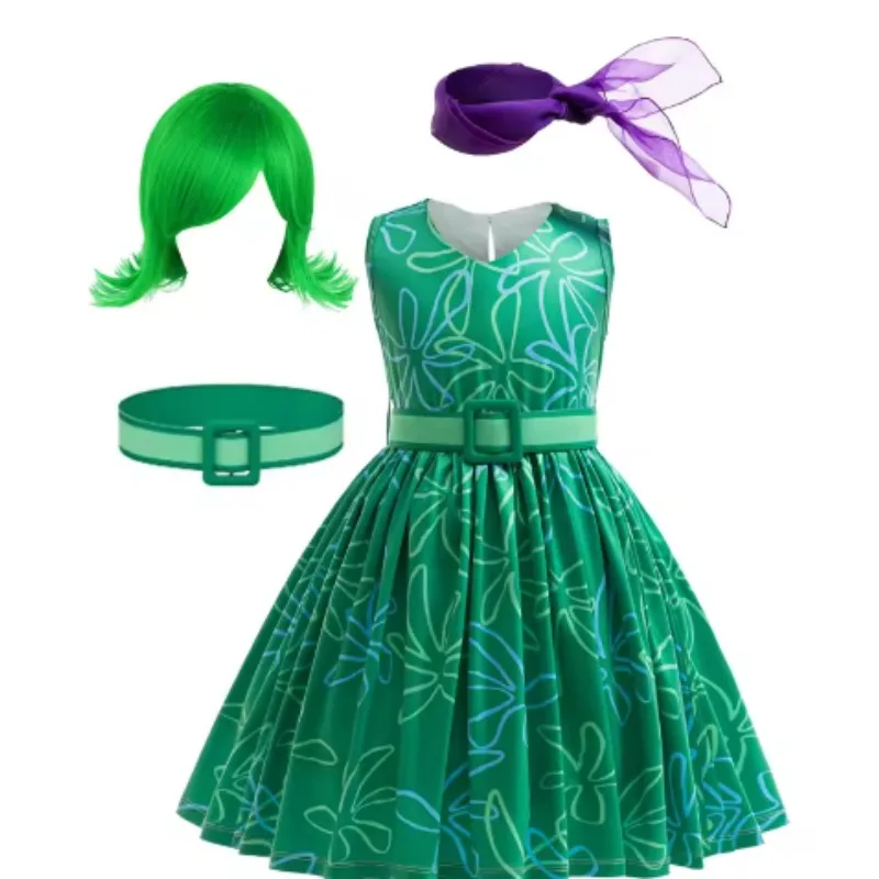 

Halloween Carnival Party 3PCS Full Printing Green Dress Movie Inside Out Girls Children Disguise Party Joy Clothing Girls
