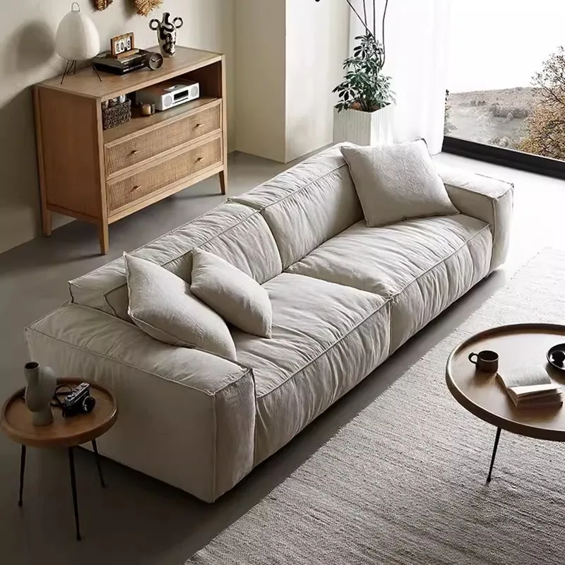 Foshan factory wabi-**** wind linen fabric sofa small apartment living room tofu block three-person straight row down sofa