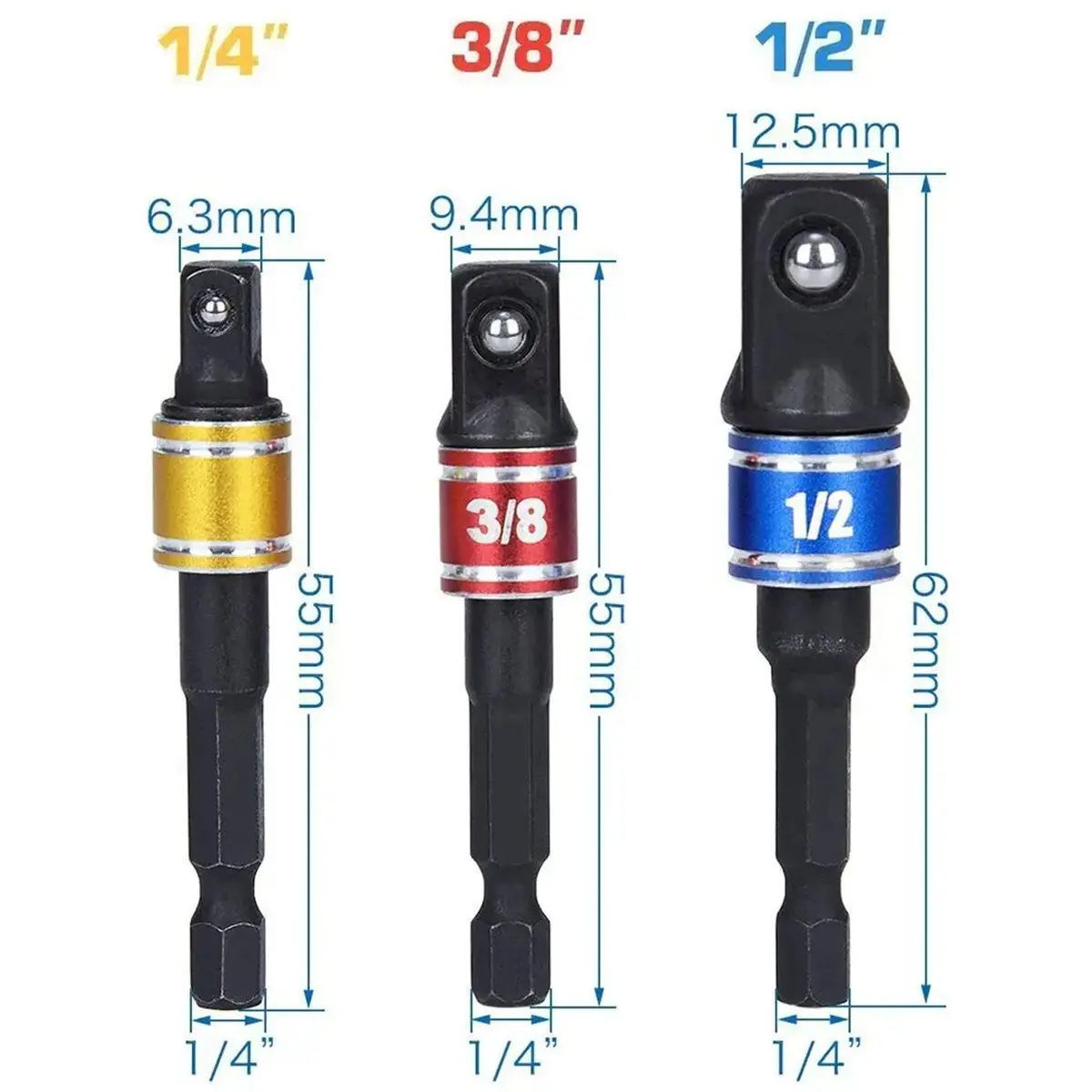 3Pcs Impact Grade Driver Socket Adapter Set 1/4' 3/8' 1/2' Extension Right Angle Screwdriver for Automotive Repair