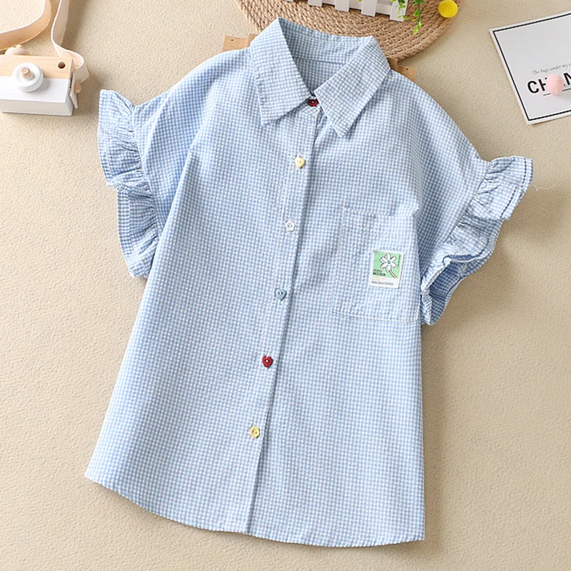 Girls Students Shirts for Children School Uniform Short Sleeve Toddlers Girls Plaid Blouses Summer Baby Clothes Tops 6 8 10 12 Y