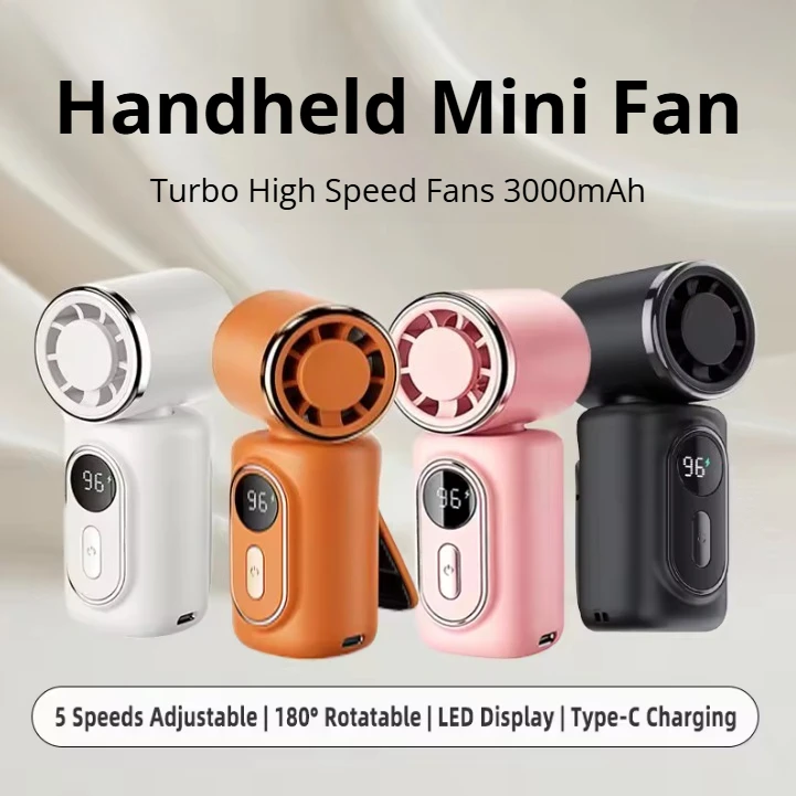 Portable Mini Fan Handheld Small Fan 5 Speed 3000mAh USB Rechargeable LED Display 180° Rotatable Clip Cooling Turbo Fans