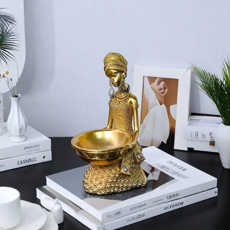 Creative African Girl Holding Plate Sculpture, Decorative Storage Accessories for Home and Office, Craft Desktop Decoration