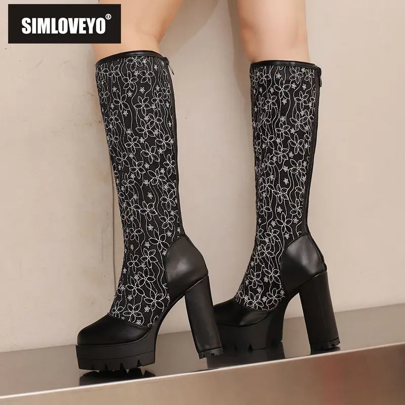 

SIMLOVEYO 2025 Новый дизайн Женские сапоги до колена с круглым носком на блочном каблуке 12 см Платформа 4 см Молния Смешанные цвета 48 49 50 Dating Bota