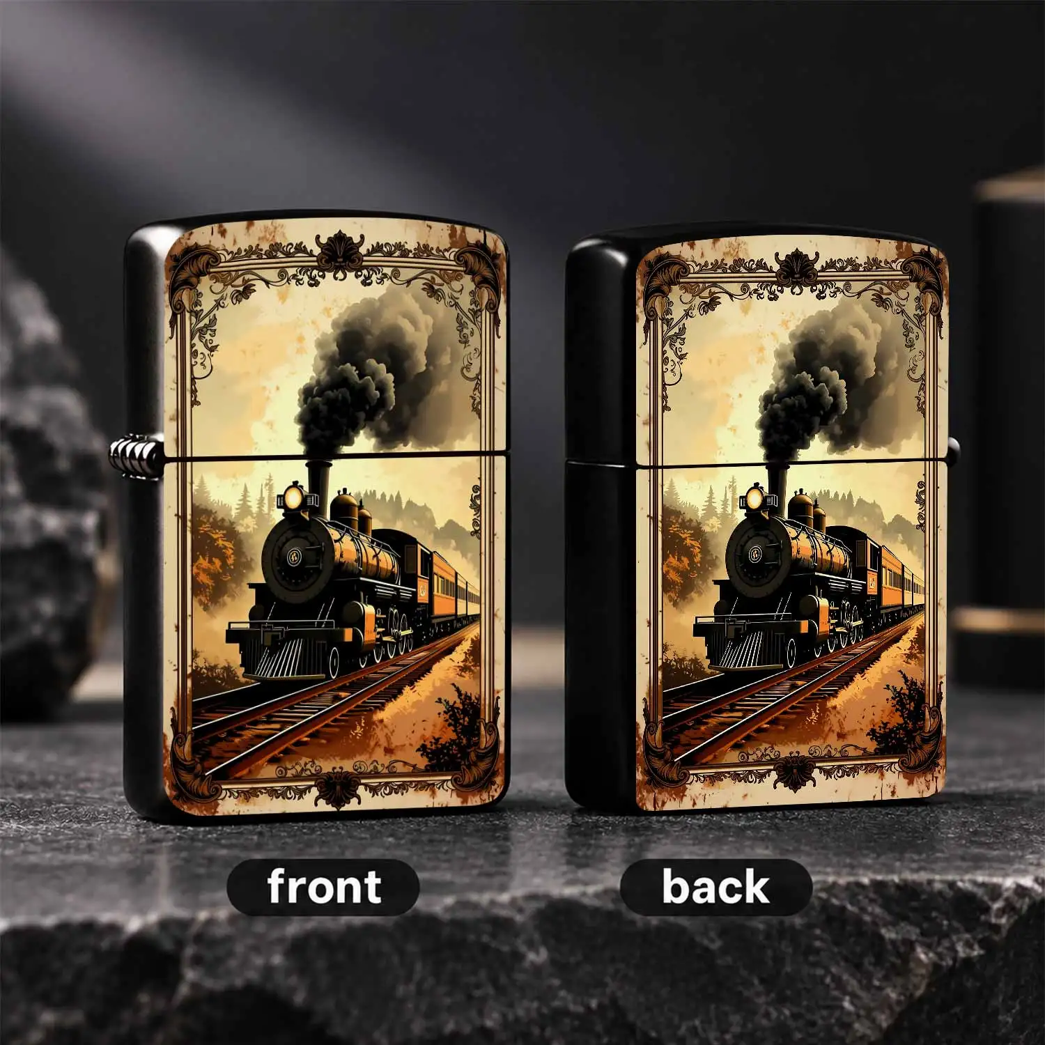 Vintage Steam Train Pattern Lighter, Ornate Retro Framed Locomotive Art Design, Classic Nostalgic Vintage Style Portable Igniter, Ideal for Daily Multi-scene Use, Exquisite Collectible Practical Present for Train Enthusi A Humorous And Inte