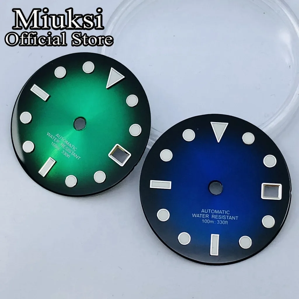 Miuksi 29mm black blue green yellow sterile watch dial luminous fit NH34 NH35 movement fit 3 o\'clock crown 3.8 o\'clock crown