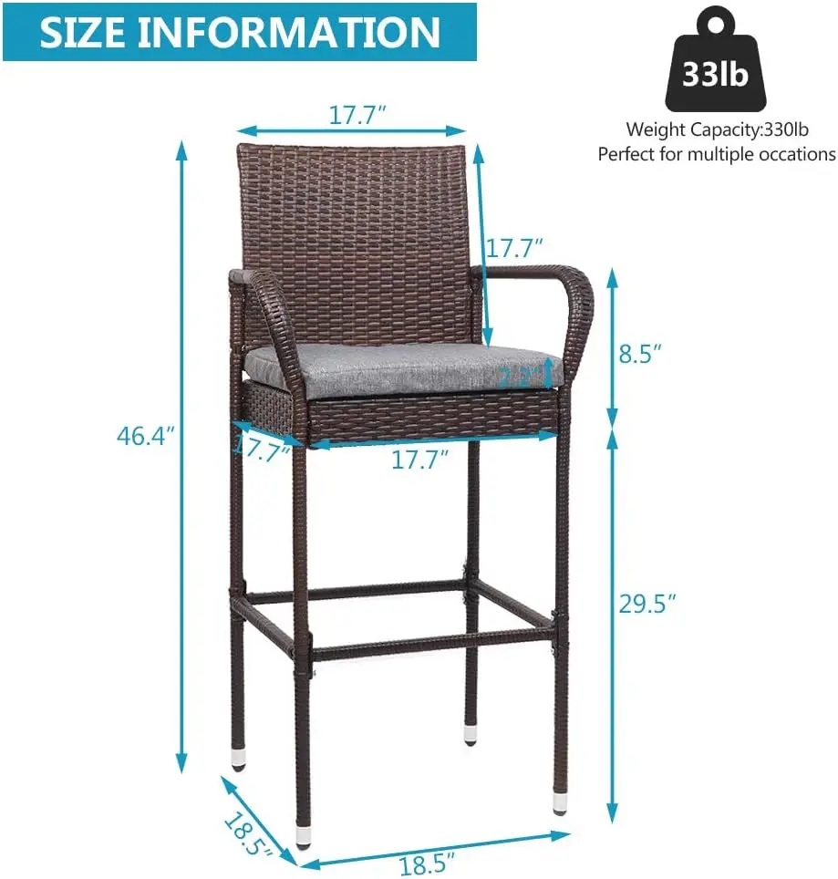 Набор из 2 плетеных барных стульев для улицы с подушками, барные стулья для улицы, высокие барные стулья для патио, уличные барные стулья для сада