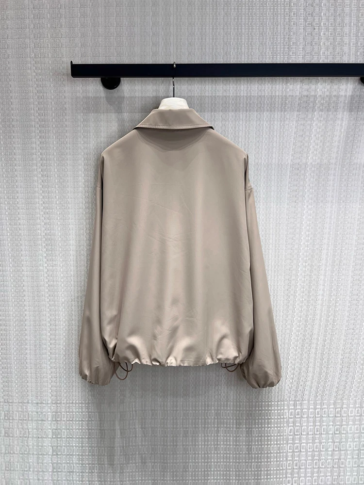 Spring Summer Fashion Khaki Simplicity Versatile Casual Jacket Women's Turn-down Collar Long Sleeve Pocket Elastic Waist Jacket