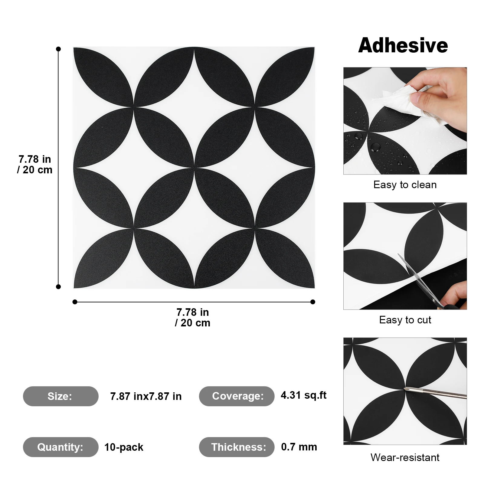 7.87인치 x 7.87인치 미국용 흑백 방수 및 내유성 껍질 벗기고 붙이는 욕실 바닥(10팩)