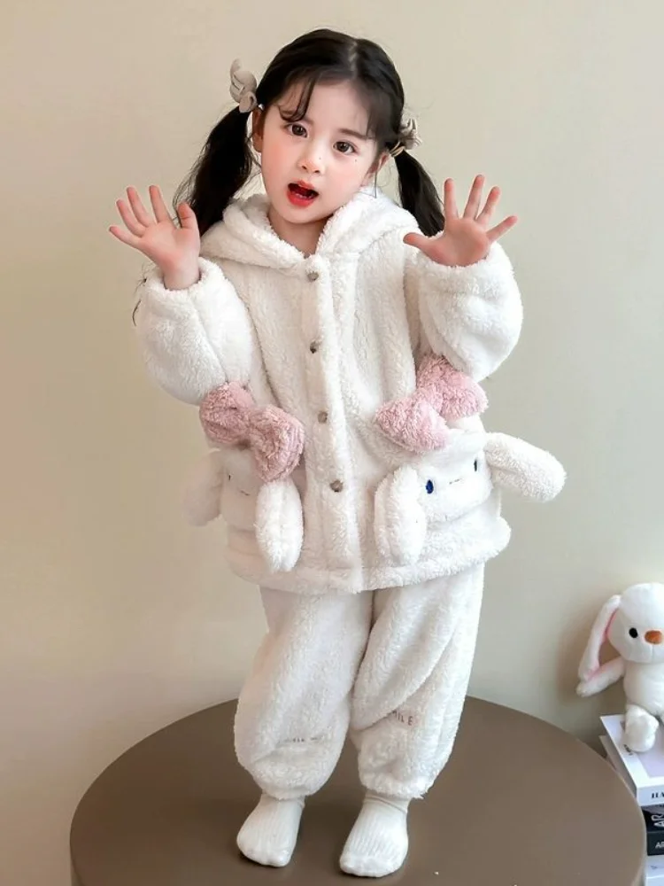 

Cartoon Cinnamoroll Children Velvet Pajamas Set Sanrio Kawaii Girls Thicken Warm Hooded Pajamas Pants Winter Flannel Homewear