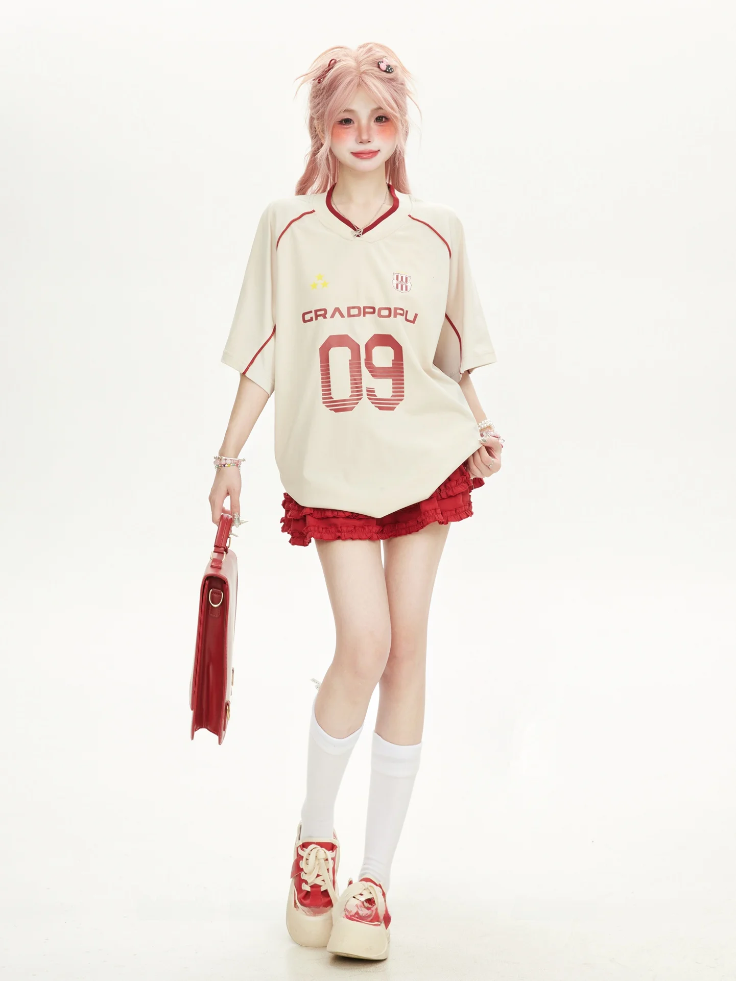 American Style Oversize Baseball Jersey V-Neck Short Sleeve T-Shirt Women Summer New Loose Couple Baseball Collar Top