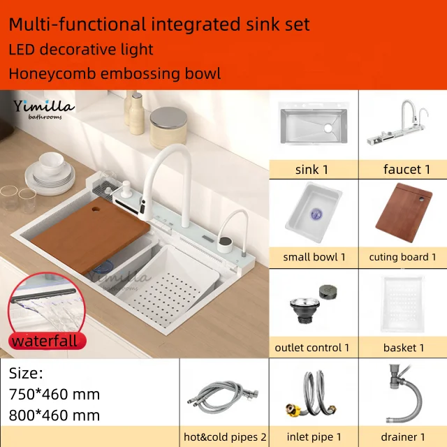 High Tech Stainless Steel Sink Single Bowl White Kitchen Sink Digital Waterfall Faucet Single Bowl Smart Kitchen Sink