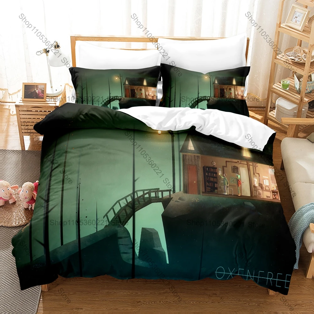 Funda de edredón Oxenfree + 2 fundas de almohada, juego de cama con estampado de juego de terror sobrenatural, tela suave, decoración de dormitorio, regalo para amantes de los juegos indie