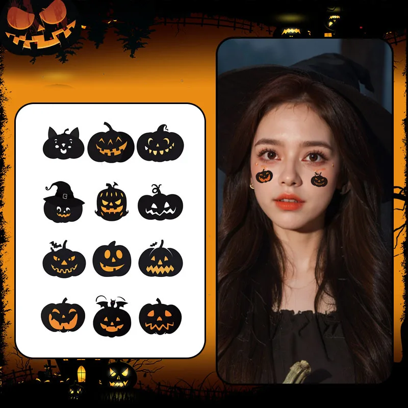 8Pcs/set Halloween Temporary Tattoo Sticker Realistic Pumpkin Bat Candy Ghost Waterproof Tattoo Sticker Body Face Art DIY Makeup