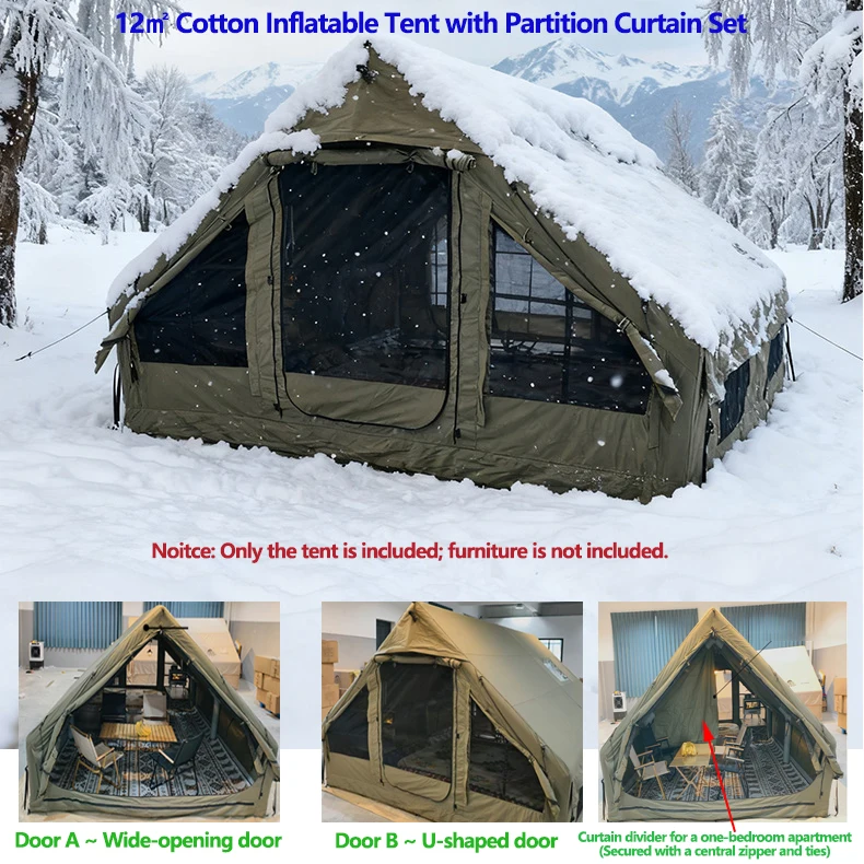 

New 12㎡ Inflatable Tent with Inner Partition Curtain Set for Hiking Outdoor Use TC Cotton Fabric Marquee Breathable Army green