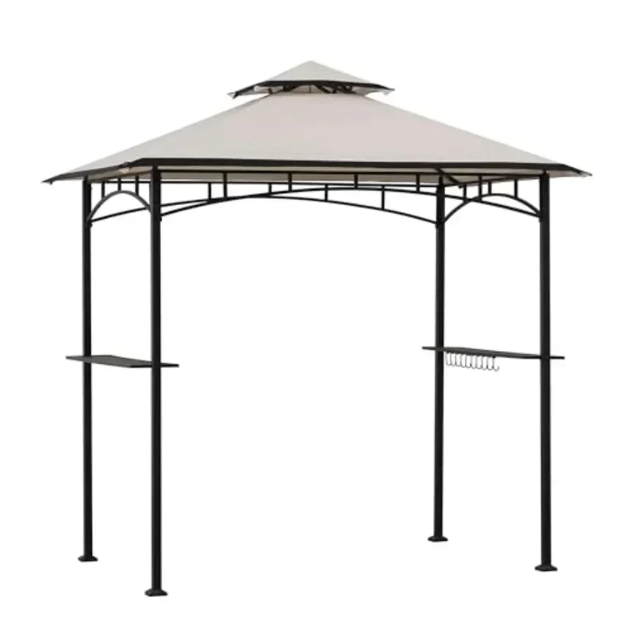 8 x 5 ft Grill Gazebo with Double Tiered  Roof Black Steel Fe Grill Gazebo for Outdoor Patio Garden and Backyard Activities Bei