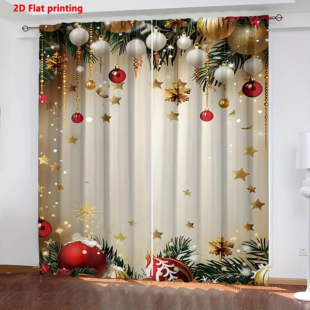 Christmas Ball Star Curtains 2pcs, Golden Red Pine Leaf 2D Print Semi-Sheer Rod Pocket for Living Room Kitchen Bedroom Decor