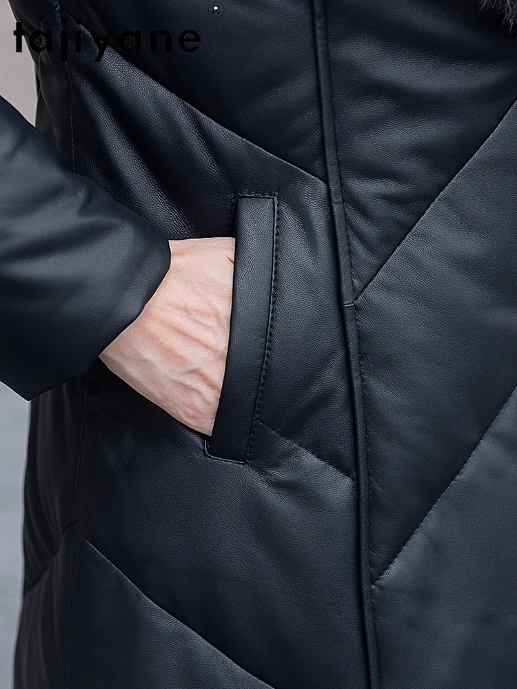 سترة من جلد الغنم من TAJIYANE للسيدات بياقة من فرو الثعلب معاطف طويلة سترات من الجلد الحقيقي 2025 ملابس شتوية للنساء