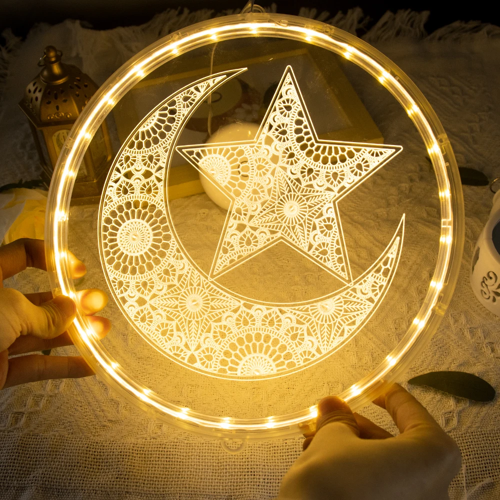 12.5cm Led Suction Cup Light Star Moon Lantern Mosque Eid Mubarak Light Led String Ramadan Ambient Light Window Decoration