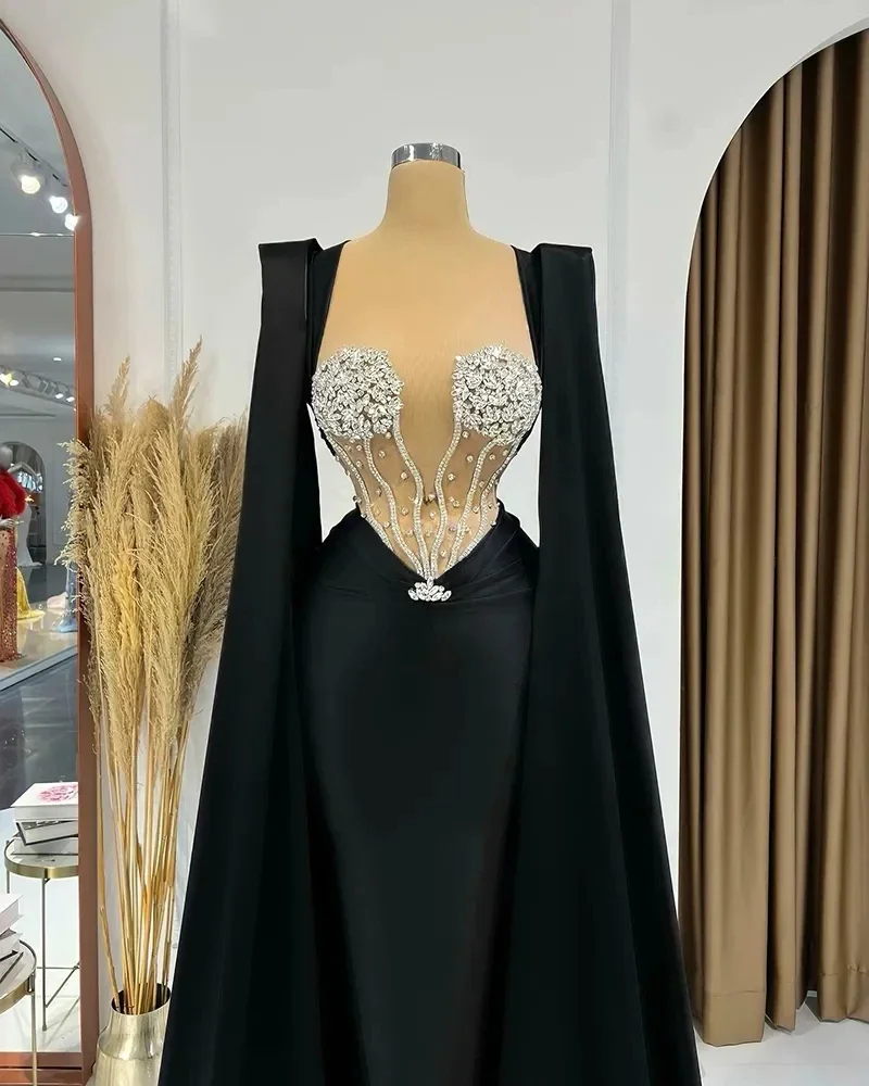 Sexy Black Satin Mermaid Prom Dresses With Wrap Sleeves Beaded Sweetheart Evening Formal Party Gowns 2024 فساتين الحفلات Custom