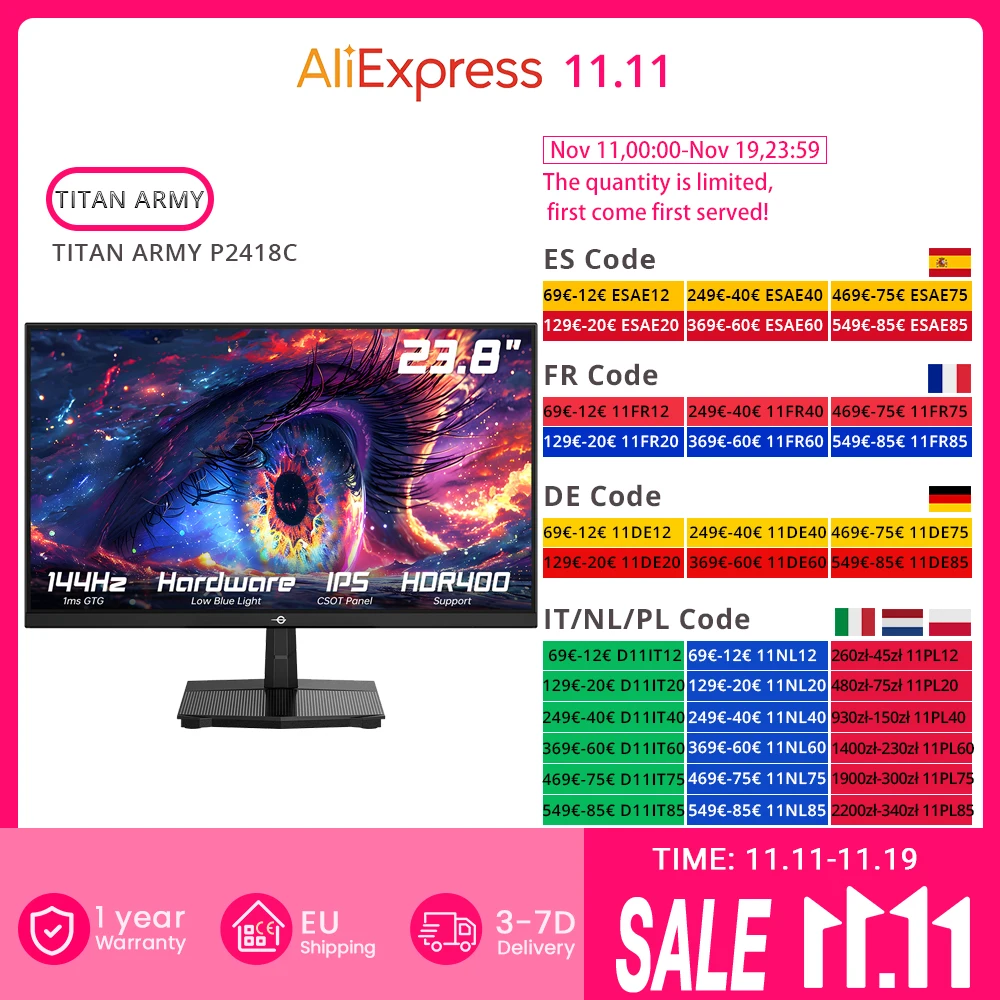 شاشة مكتب TITAN ARMY P2418C، شاشة 23.8 بوصة 1920*1080 16:9 CSOT IPS، 144 هرتز، HDR400، 6 أوضاع سيناريو، تدعم حامل VESA #1