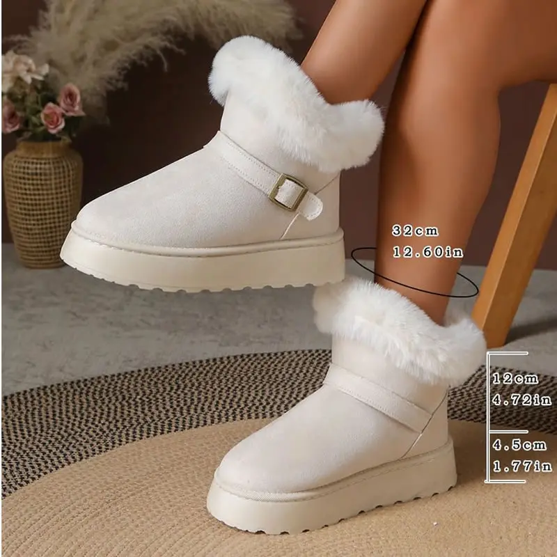 سميكة صوف مبطن أحذية الثلوج المرأة الرجعية الدافئة المضادة للانزلاق أحذية قطنية مع حزام مشبك كعب سميك الشتاء نمط جديد