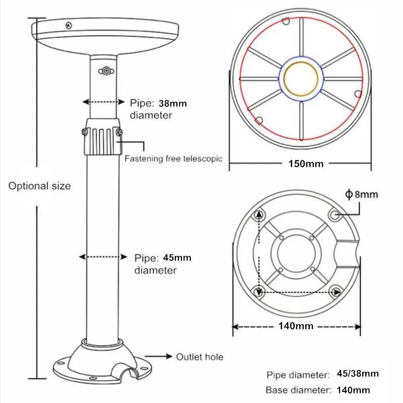 Indoor Outdoor Ceiling Mounted Universal Hemisphere Lifting Surveillance  IP Dome Camera Bracket 75-150CM 100-200CM Expandable