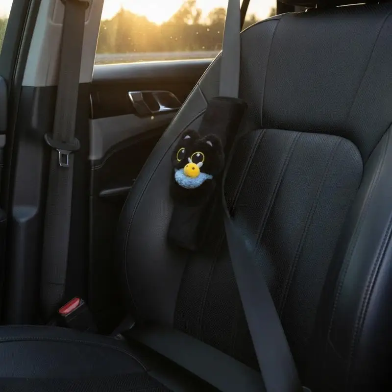 Cute Black Cat Plush Car Seat Belt Cover Anti-Slip Soft Comfort Fabric Suitable for All Car Models Daily Driving Decor